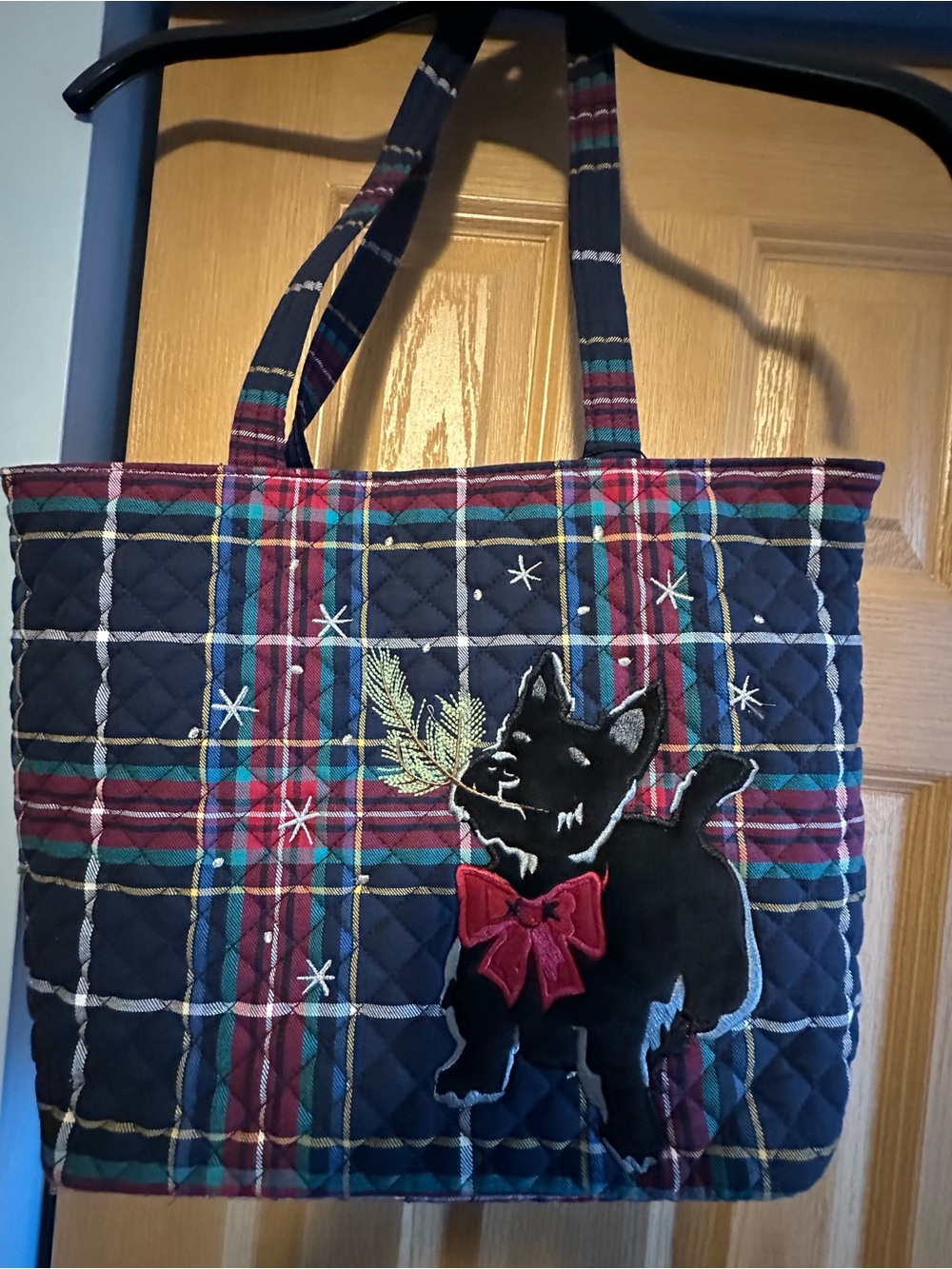 Vera Bradley Navy and Burgundy Plaid Tote with Embroidered Black Dog